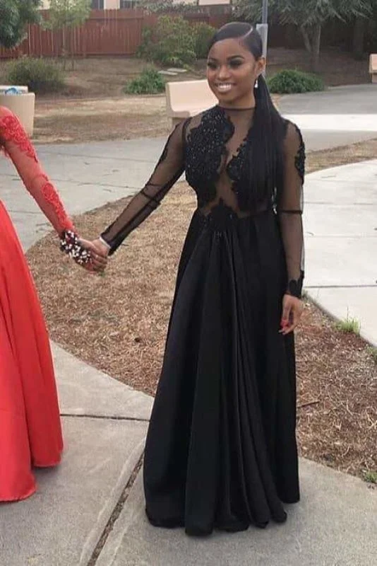 formal red evening dress-Sheer Black Long Sleeve Lace Evening Long Prom Dresses