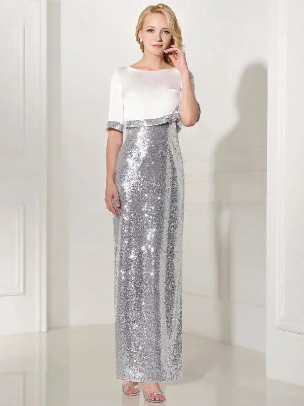 off-the-shoulder evening dress-Silver Evening Dress Sequin 2 Piece Mother Dress Sheath Split V Neck Flower Ankle Length Party Dress