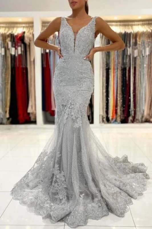 long sleeve lace evening dress-Silver Lace Mermaid Evening Dress with Long Sleeveless