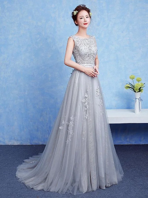 chiffon evening dress-Silver Prom Dress Tulle Backless Party Dress Lace Applique A Line Occasion Dress With Train