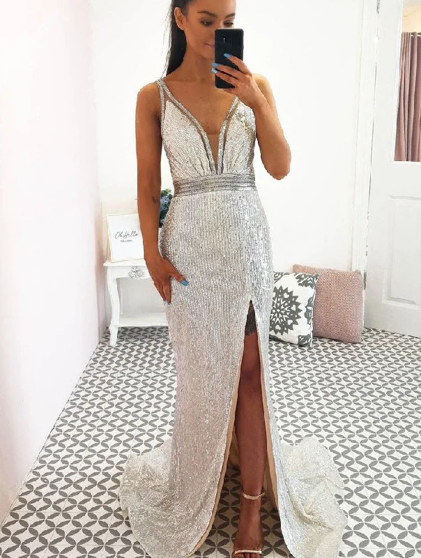 off shoulder evening dress-Silver Spaghetti Straps Prom Dresses with Split Side