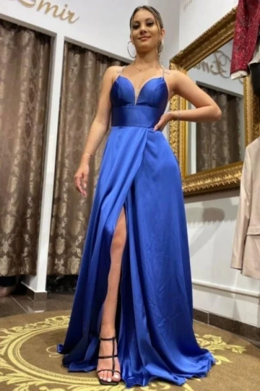 navy blue evening dress-Simple A-line Long Blue Split Front Straps Evening Dress