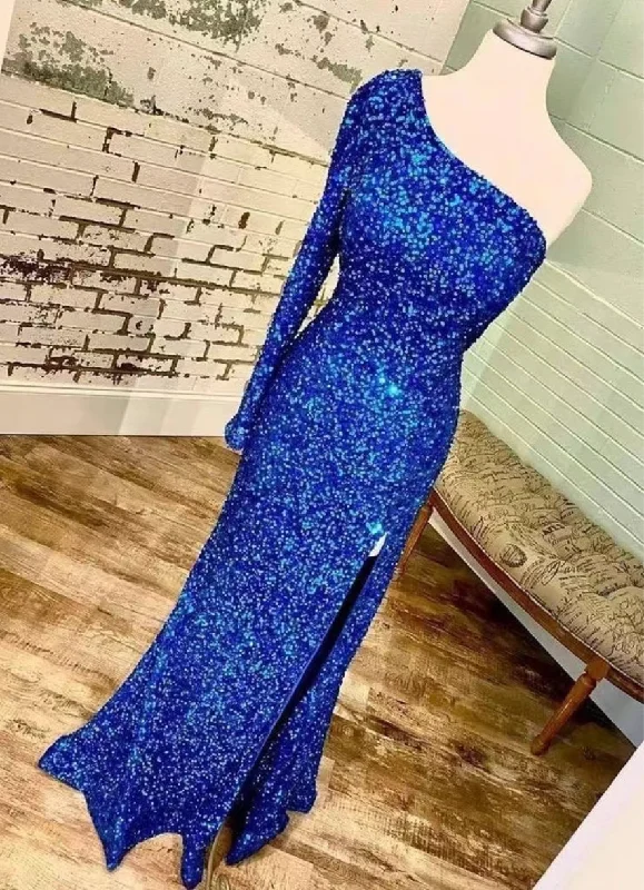 draped evening dress-Single Length Prom Dresses Slit Sequins