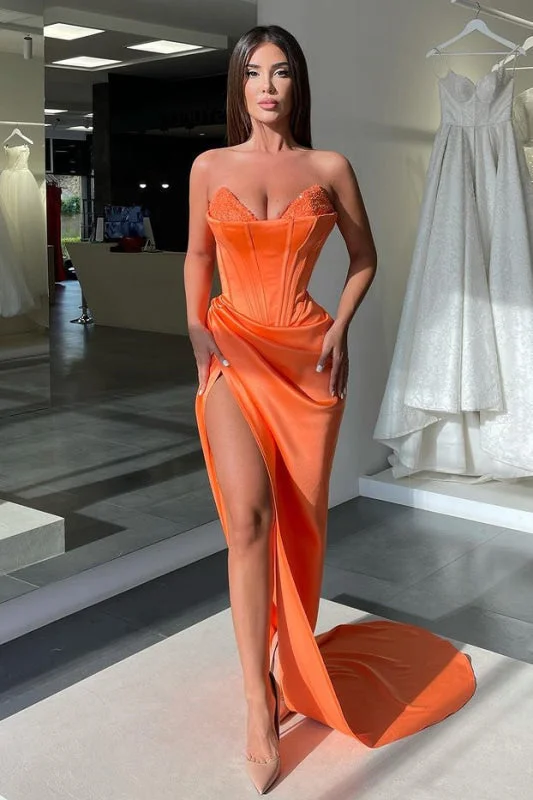 evening dress with floral print-Sleeveless V-Neck Orange Mermaid Beads Prom Dress With Split