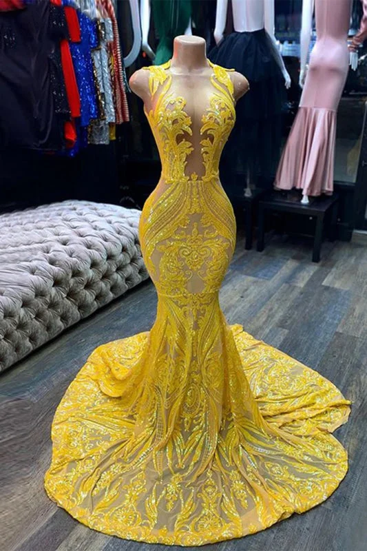 evening dress with sequins-Sleeveless Yellow Sequins Mermaid Prom Dress