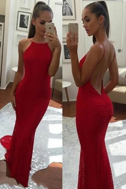 red evening dress-Spaghetti Straps Backless Red Prom Long Mermaid Evening Formal Dress