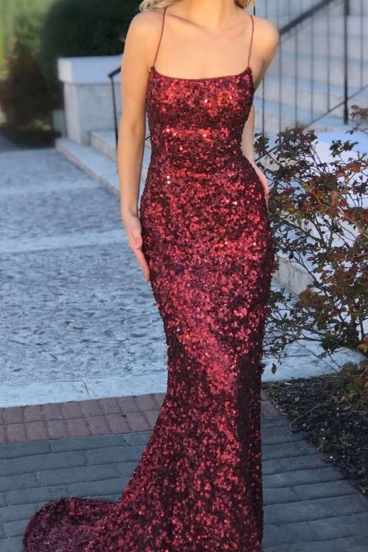 sequined evening dress-Spaghetti Straps Burgundy Mermaid Backless Long Sparkly Sequins Prom Dresses