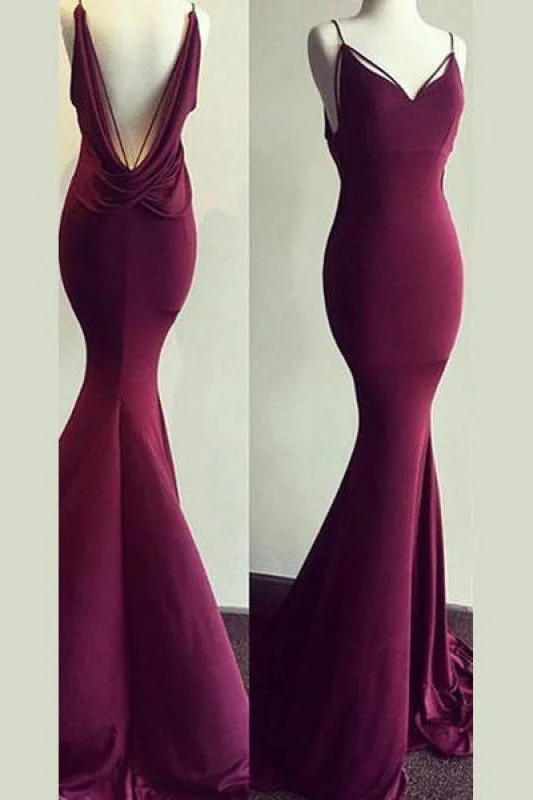 spaghetti strap evening dress-Spaghetti Straps Mermaid V-neck Sleeveless Prom Sexy Backless Evening Dress