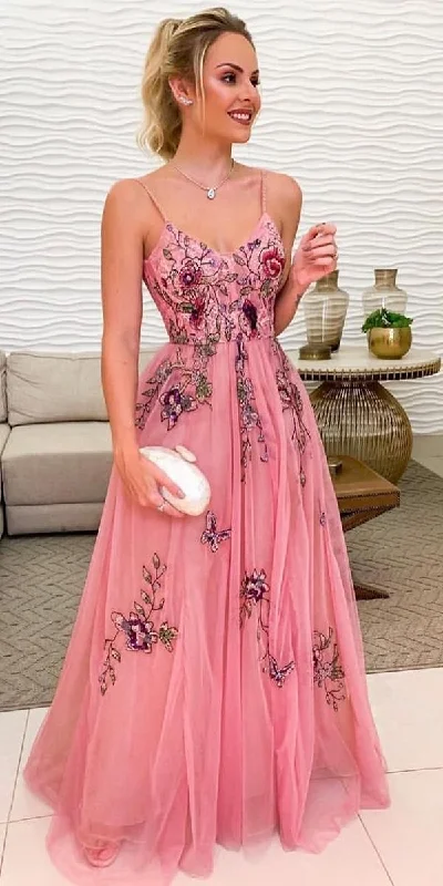 formal black evening dress-Spaghetti Straps Pink Prom Dresses with Appliques Flowers