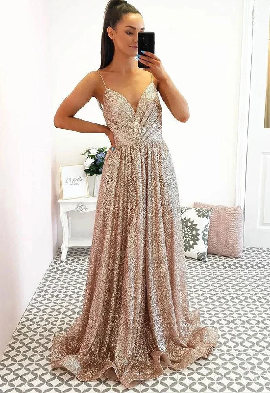 ruched evening dress-Spaghetti Straps Prom Dresses Evening Gown Sequins