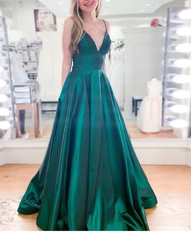 velvet evening dress-Spaghetti Straps Prom Dresses Green