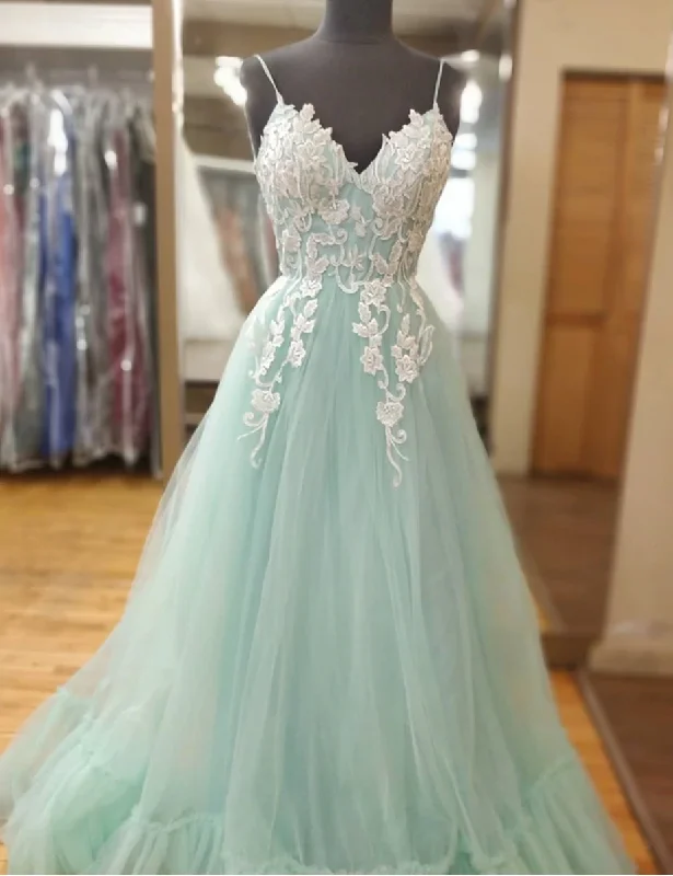 beaded evening dress-Spaghetti Straps Prom Dresses with Appliques Lace