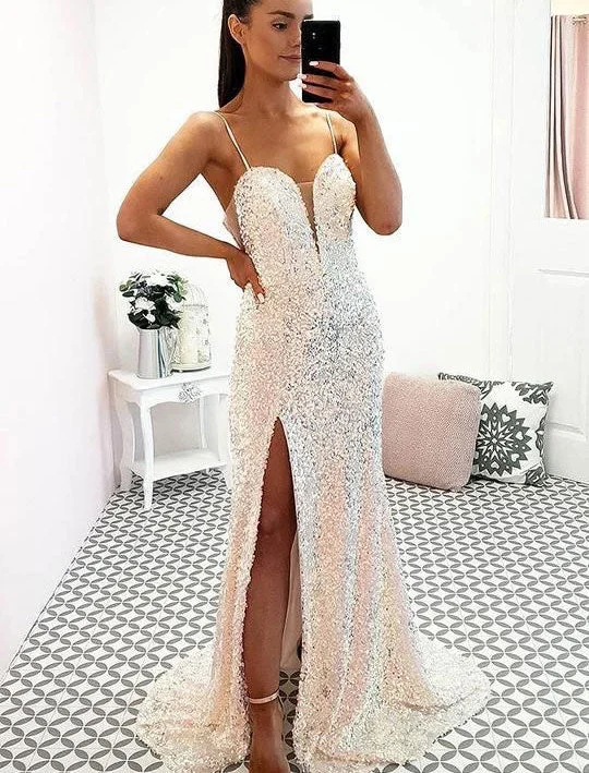 plus size evening dress-Spaghetti Straps Prom Dresses with Split Side