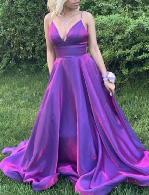 elegant evening wear-Spaghetti Straps Purple Prom Dresses