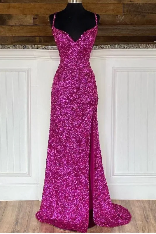 velvet evening dress-Spaghetti Straps Sequins Prom Dresses Fuchsia