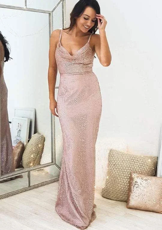 sleeveless evening dress-Spaghetti Straps Sheath Prom Dresses Evening Gown