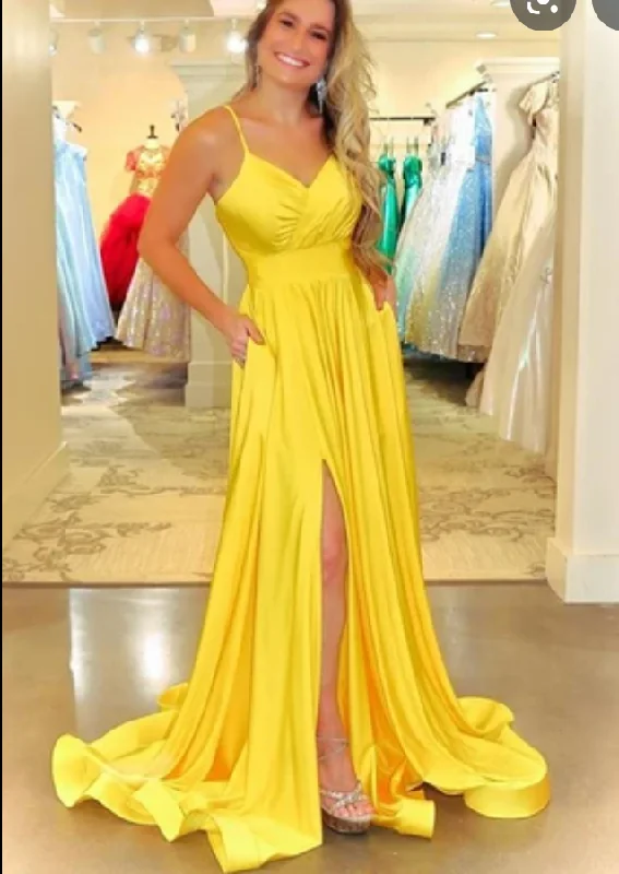 modest evening dress-Spaghetti Straps Slit Prom Dresses Yellow