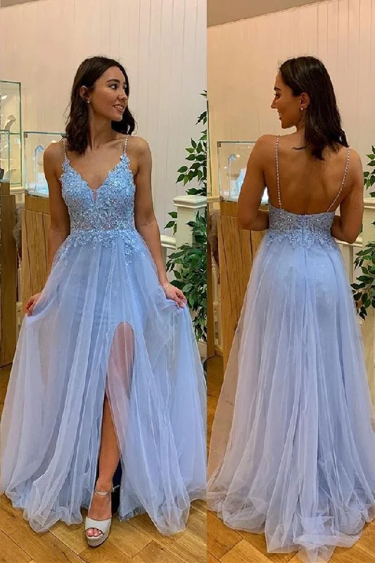 evening dress with illusion neckline-Spaghetti Straps Slit Side Prom Dresses Long with Appliques