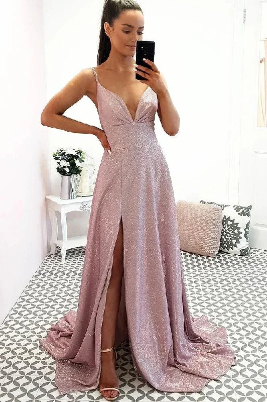 deep V-neck evening dress-Spaghetti Straps Split Side Prom Dresses Long