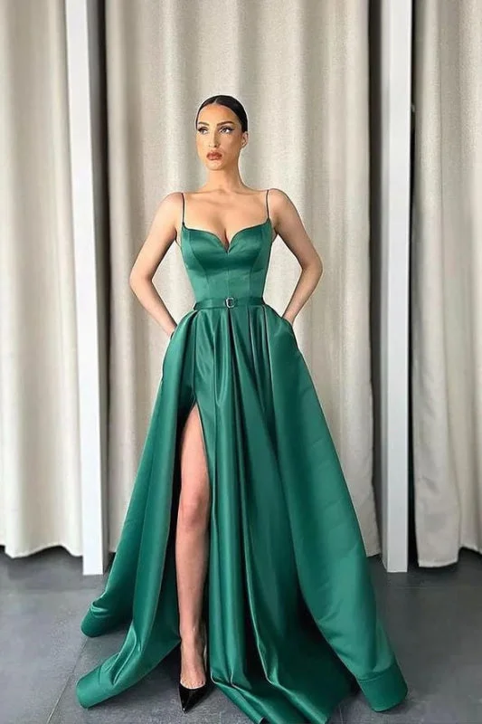 V-neck evening dress-Spaghetti-Straps V-Neck Long A-Line Prom Dress With Split - Dark Green