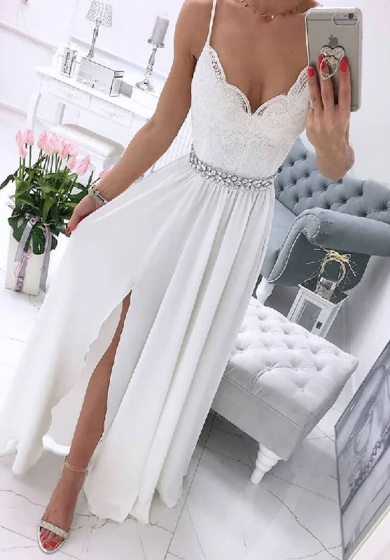 elegant evening wear-Spaghetti Straps White Split Side Prom Dresses with Rhinestones