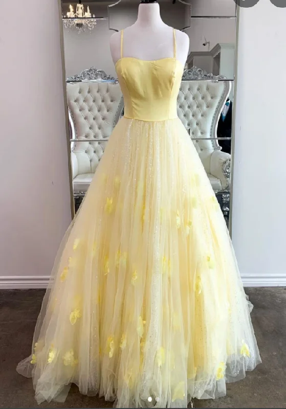 high-low evening dress-Spaghetti Straps Yellow Prom Dresses