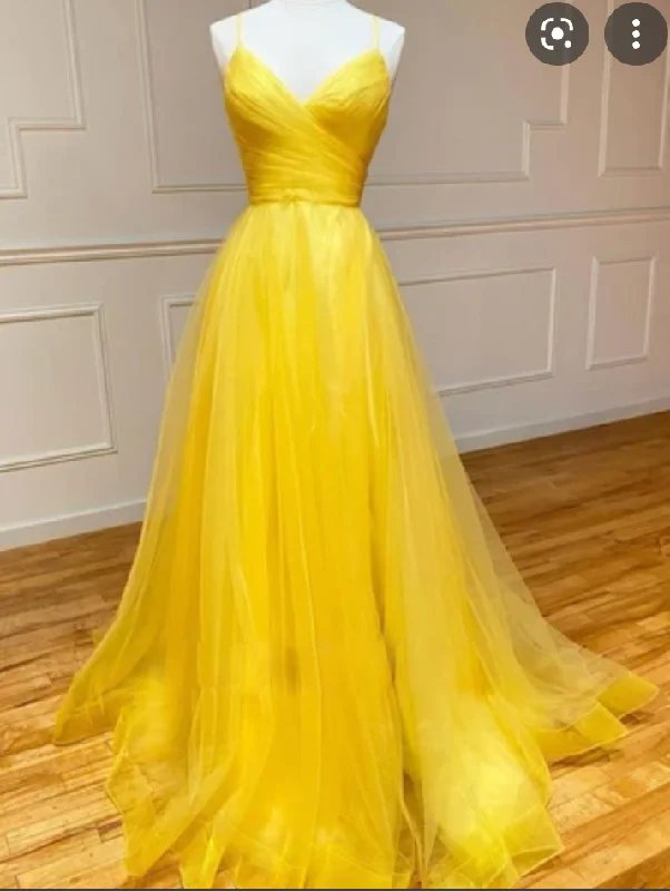 A-line evening dress-Spaghetti Yellow Prom Dresses Sparkly