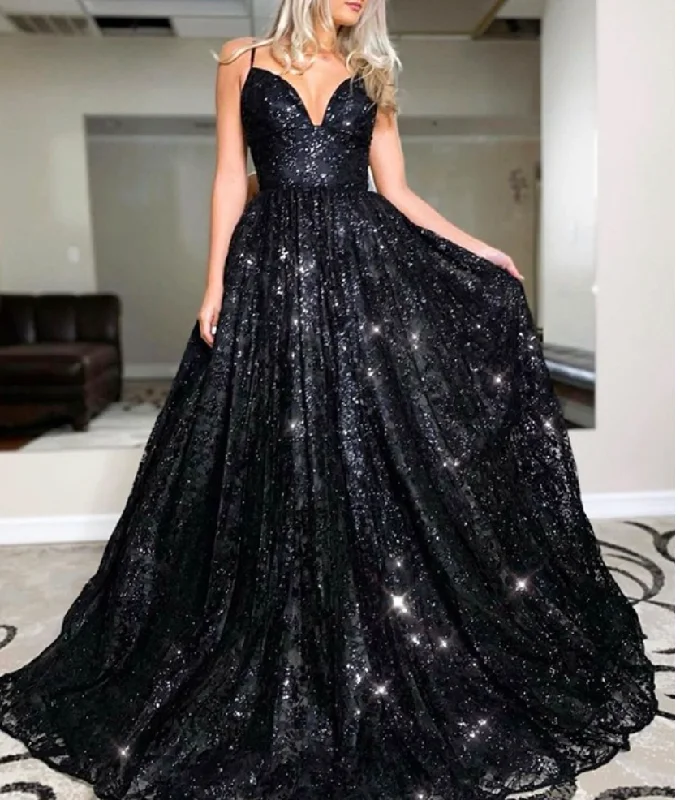 ruched evening dress-Sparkly Black Prom Dresses Spaghetti Straps