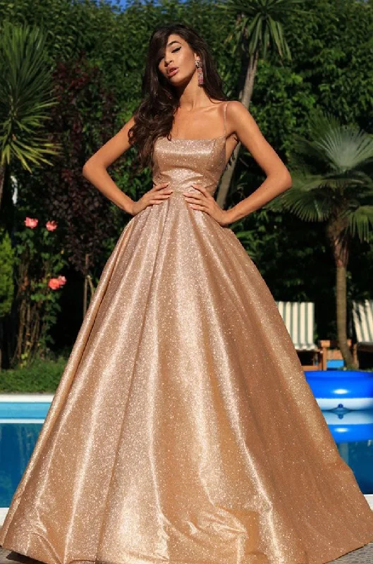 velvet evening gown-Sparkly Dark Champagne Spaghetti Straps Prom Dresses