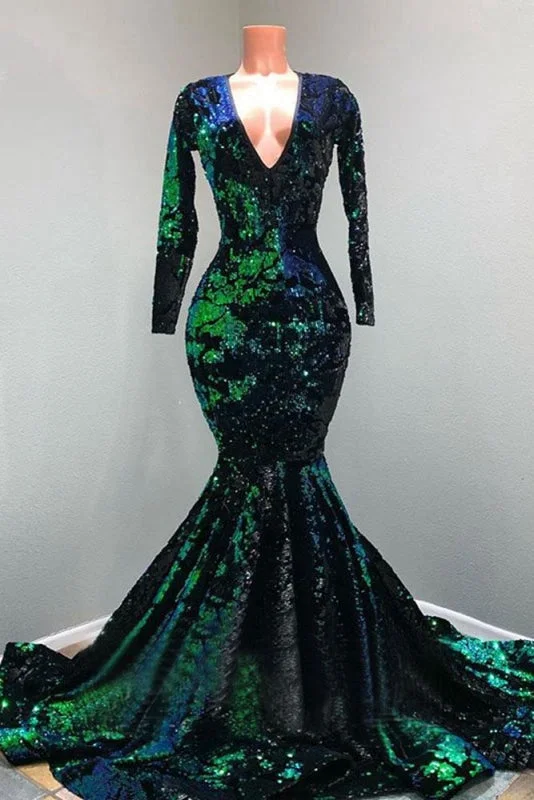 illusion sleeve evening dress-Sparkly Sequin Long Sleeve V-neck Mermaid Prom Dresses