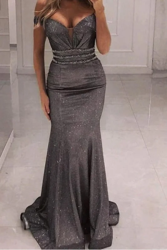 evening dress with embroidery-Sparkly Sequins Sweetheart Evening Dresses Off-the-Shoulder Long Prom Dress