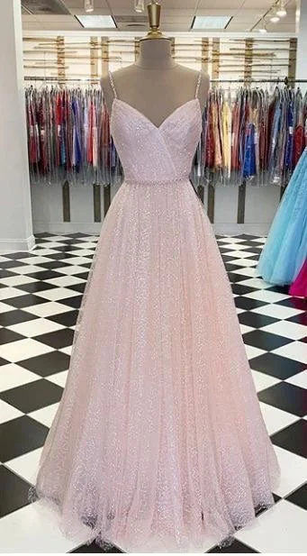 flared evening dress-Sparkly Spaghetti Straps Prom Dresses Waist with Rhinestones