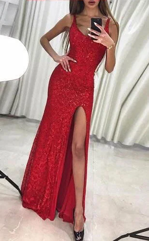 evening dress with illusion back-Square Prom Dresses Slit Evening Gown