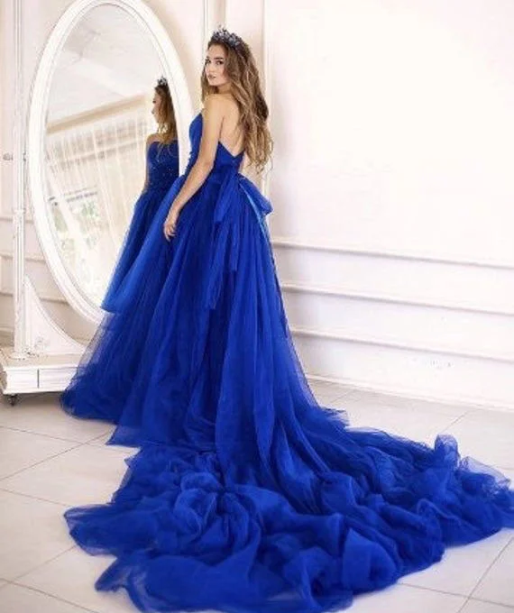 deep V-neck evening dress-Strapless Long Royal Blue Prom Dresses GH8