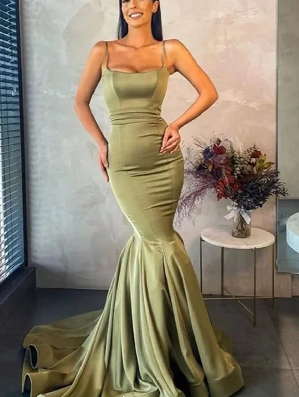 flared evening dress-Strap Mermaid Prom Dresses Dark Sage Green