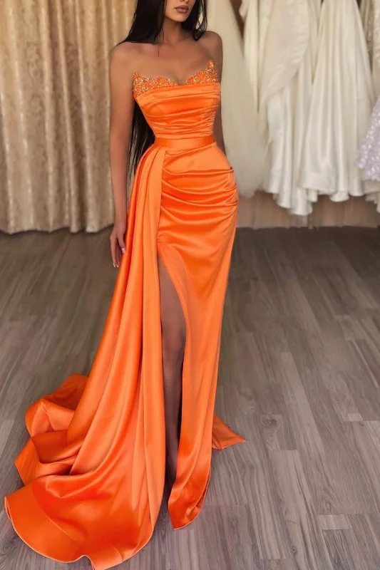 evening dress with pleats-Strapless Orange Long Mermaid Prom Dress with Split and Ruffles