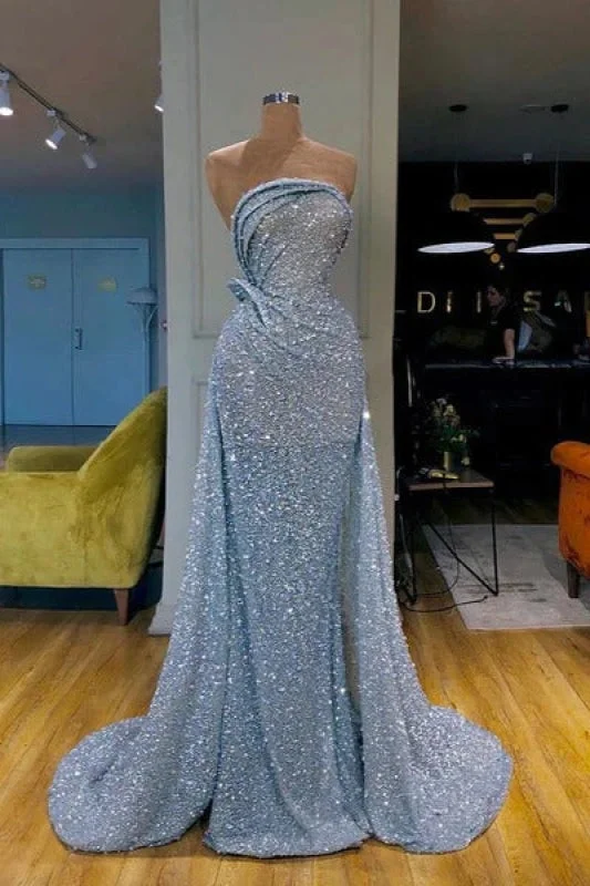 evening dress for weddings-Strapless Sequined Floor Length Prom Dress with Ruffles