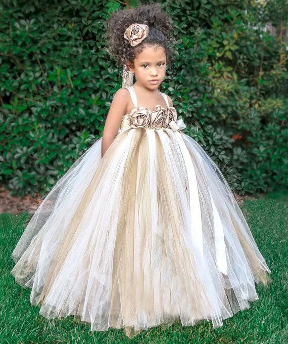 sheath evening dress-Straps Ball Gown Flower Girl Dresses with Handmade Flowers