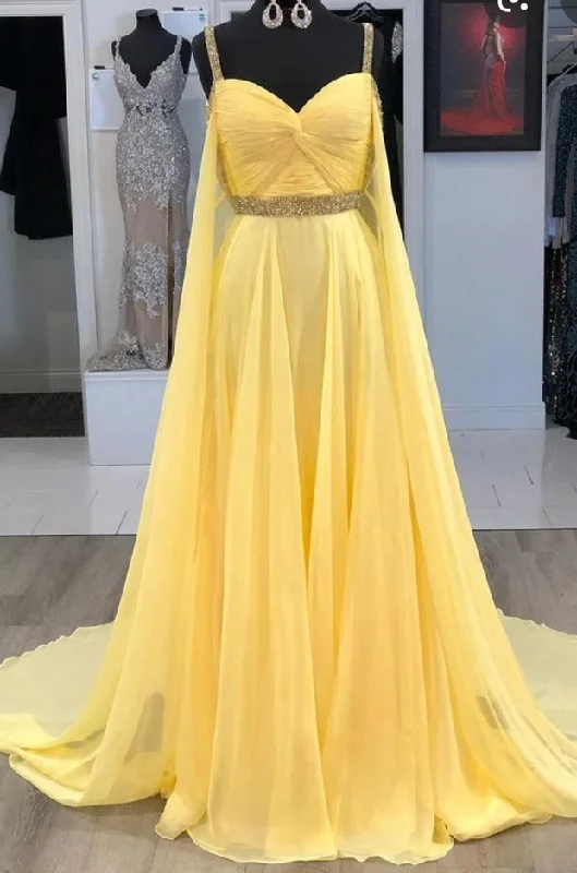 spaghetti strap evening dress-Straps Yellow Prom Dresses with Beading