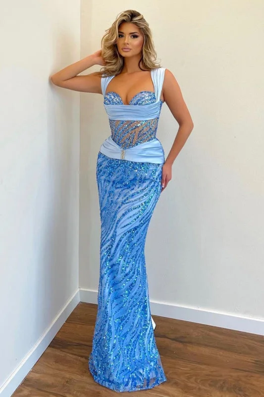 long evening dress-Stunning Mermaid Prom Dress with Wide Sequined Straps in Elegant Blue