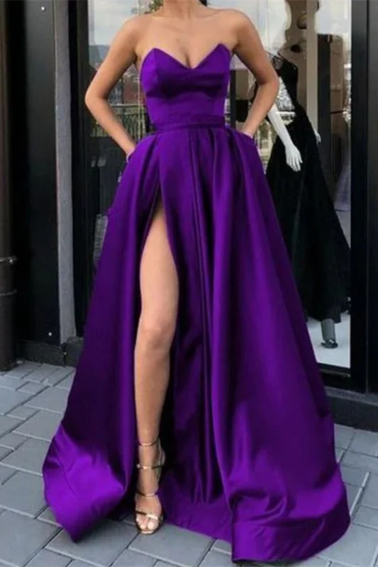 sequined evening dress-Stunning Purple Prom Gown with Chic Split and Convenient Pockets