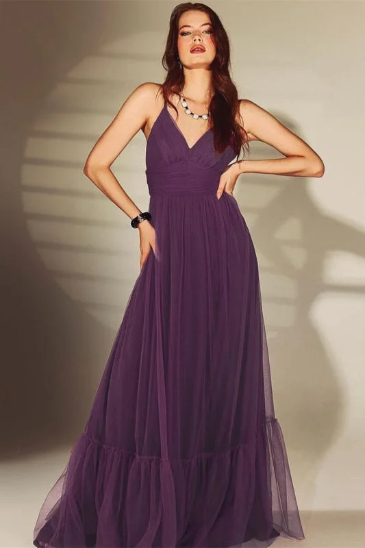 sleeveless evening dress-Stunning Purple V-Neck Evening Gown with Spaghetti Straps