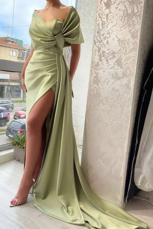 stylish evening dress-Stunning Sage Green Portrait V-Neck Prom Dress with Elegant Pleats and Slit