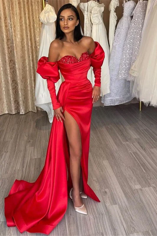 sweetheart neckline evening dress-Stunning Scarlet Off-the-Shoulder Prom Gown with Glamorous Bubble Sleeves and Sequin Details