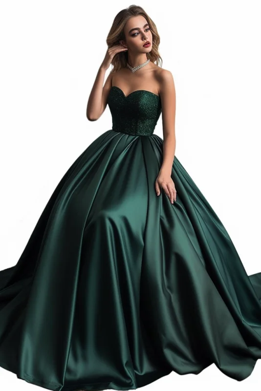 tulle evening dress-Stunning Sequined Sweetheart Prom Gown in Dark Green