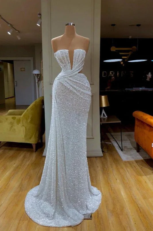 asymmetrical evening dress-Stunning Strapless Prom Gown Adorned with White Sequins