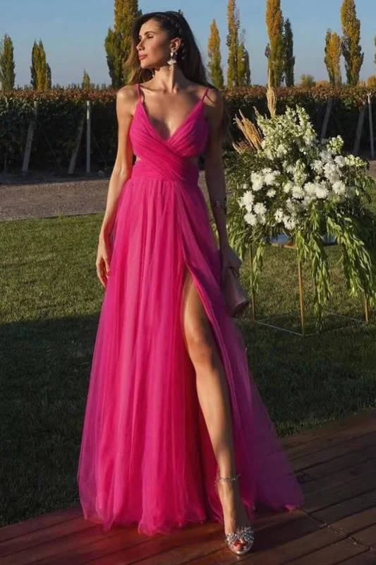 ball gown evening dress-Stunning Tulle Prom Dress with Spaghetti Straps and Split Hemline