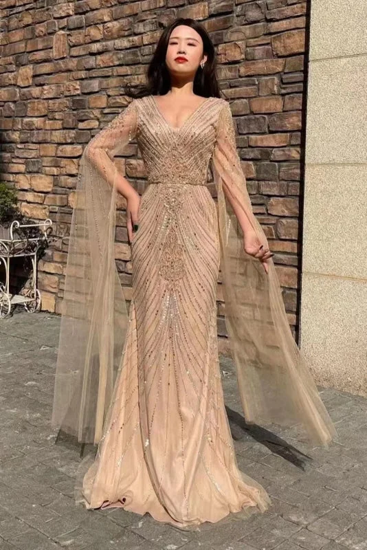 cap sleeve evening dress-Stunning V-Neck Long Sleeve Tulle Mermaid Prom Gown Embellished with Beadwork