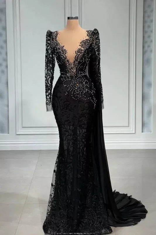 evening dress for parties-Stylish Black A-line Mermaid Evening Dress Deep V-Neck Beadings Long Sleeves Prom Dress