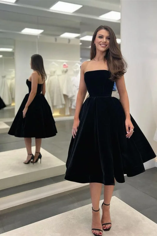 deep V-neck evening dress-Stylish Black Strapless Sleeveless Tea Length Prom Dress Available Online